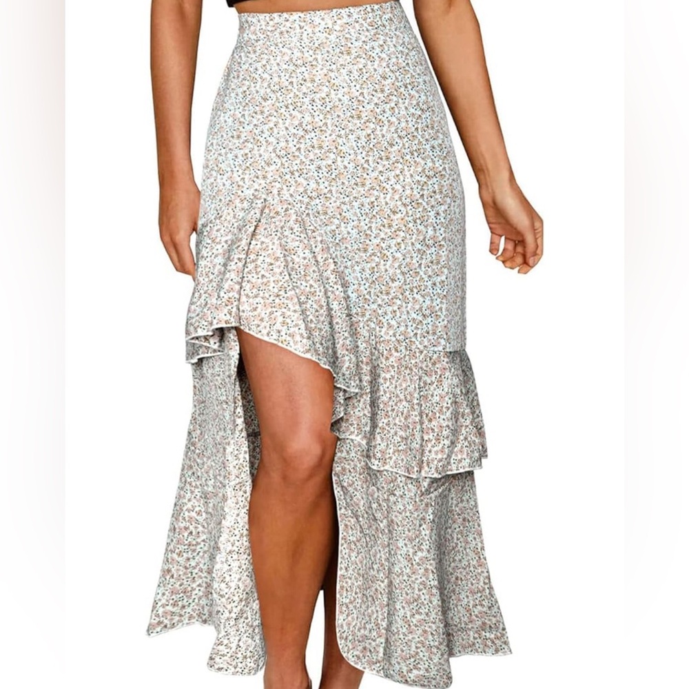 BTFBM Ruffle Maxi Skirt - Light Blue Floral Pattern, Size L